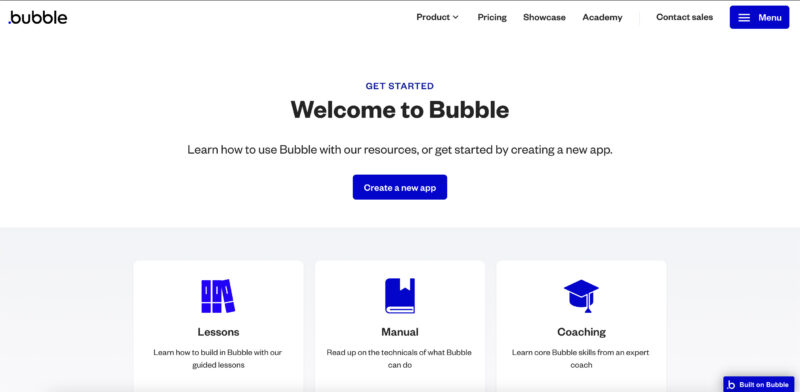 Bubbleの新規アプリ作成画面