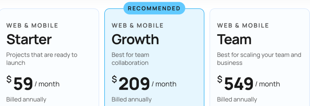 Bubble有料プランの料金表示（Starter $29/月、Growth $119/月、Team $549/月）