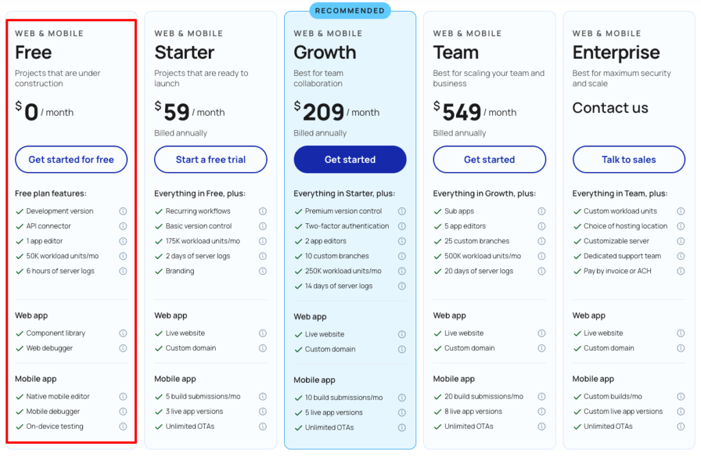 Bubble公式サイトの料金プラン一覧ページ（Freeプラン表示）