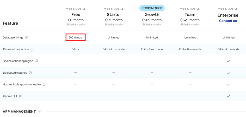 Bubble無料プランのデータベース制限（200件）の公式記載