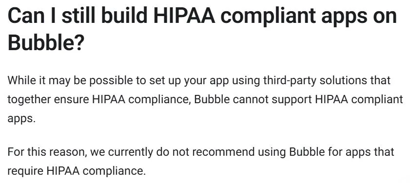 Bubble公式マニュアル HIPAA準拠に関する非サポートの記載