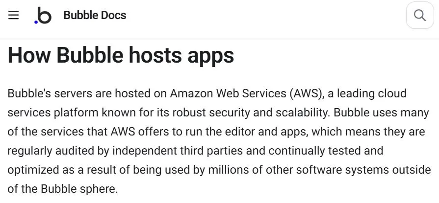 Bubble公式マニュアル「Hosting」のAWS利用に関する記述