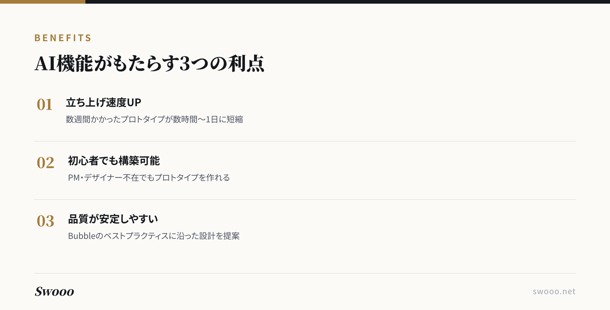 図解: Bubble AI機能がもたらす3つの利点(立ち上げ速度UP・初心者でも構築可能・品質の安定)