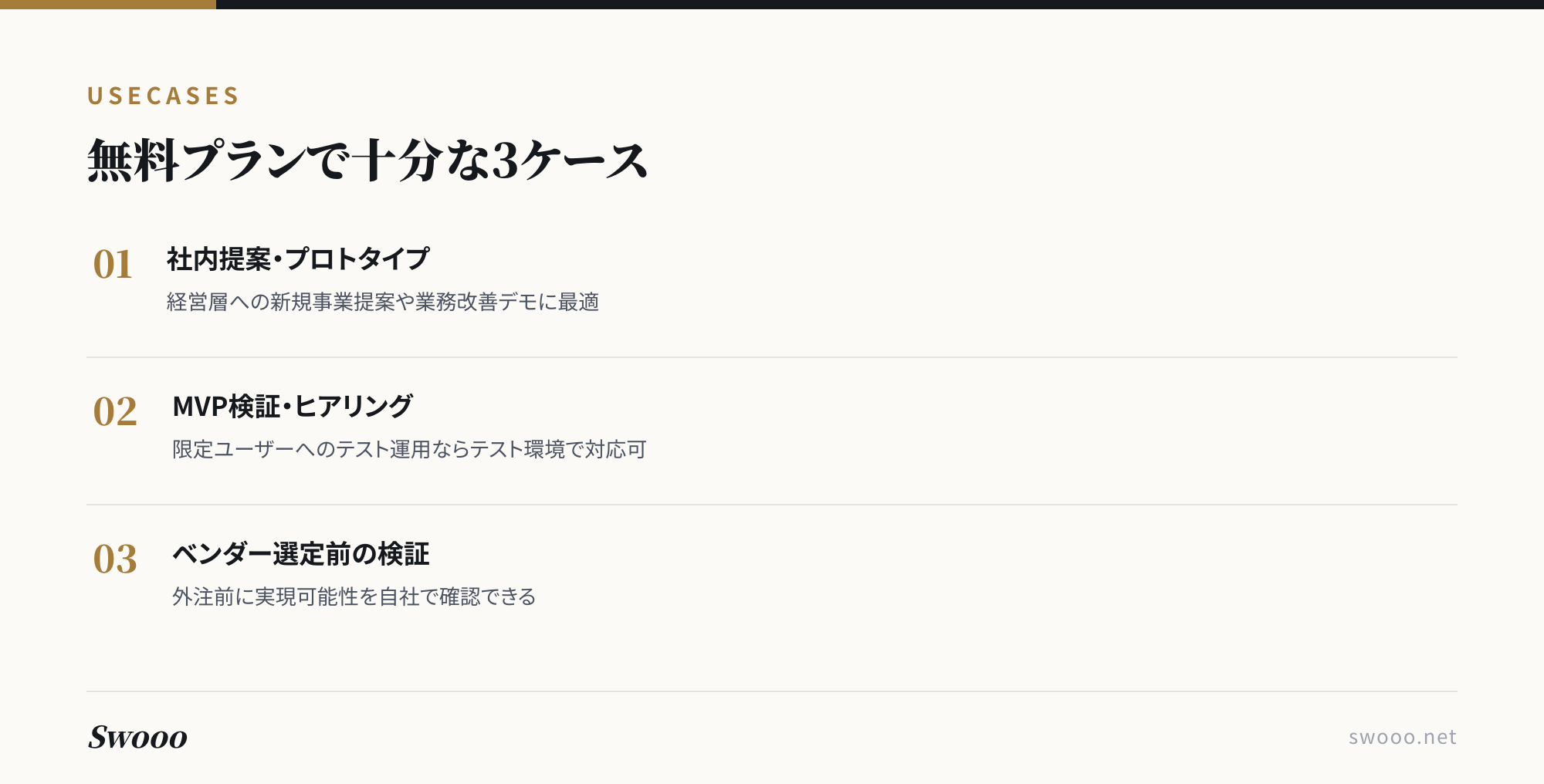 図解: Bubble無料プランで十分に活用できる3つのケース（社内提案用プロトタイプ・MVP検証・ベンダー選定前の技術検証）