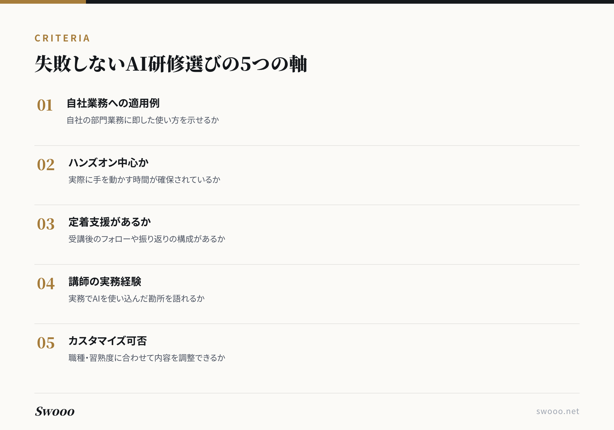 図解: 失敗しないAI研修選びの5つの軸