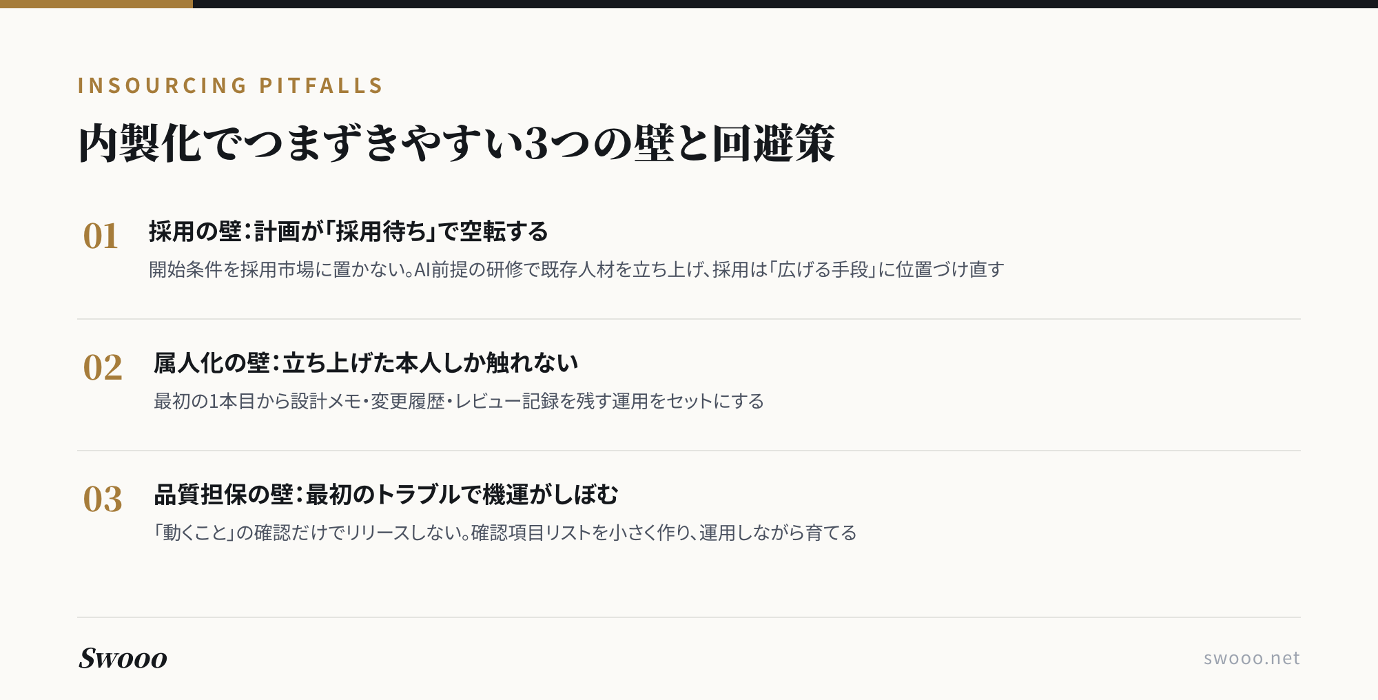 図解：内製化でつまずきやすい3つの壁と回避策。採用の壁・属人化の壁・品質担保の壁