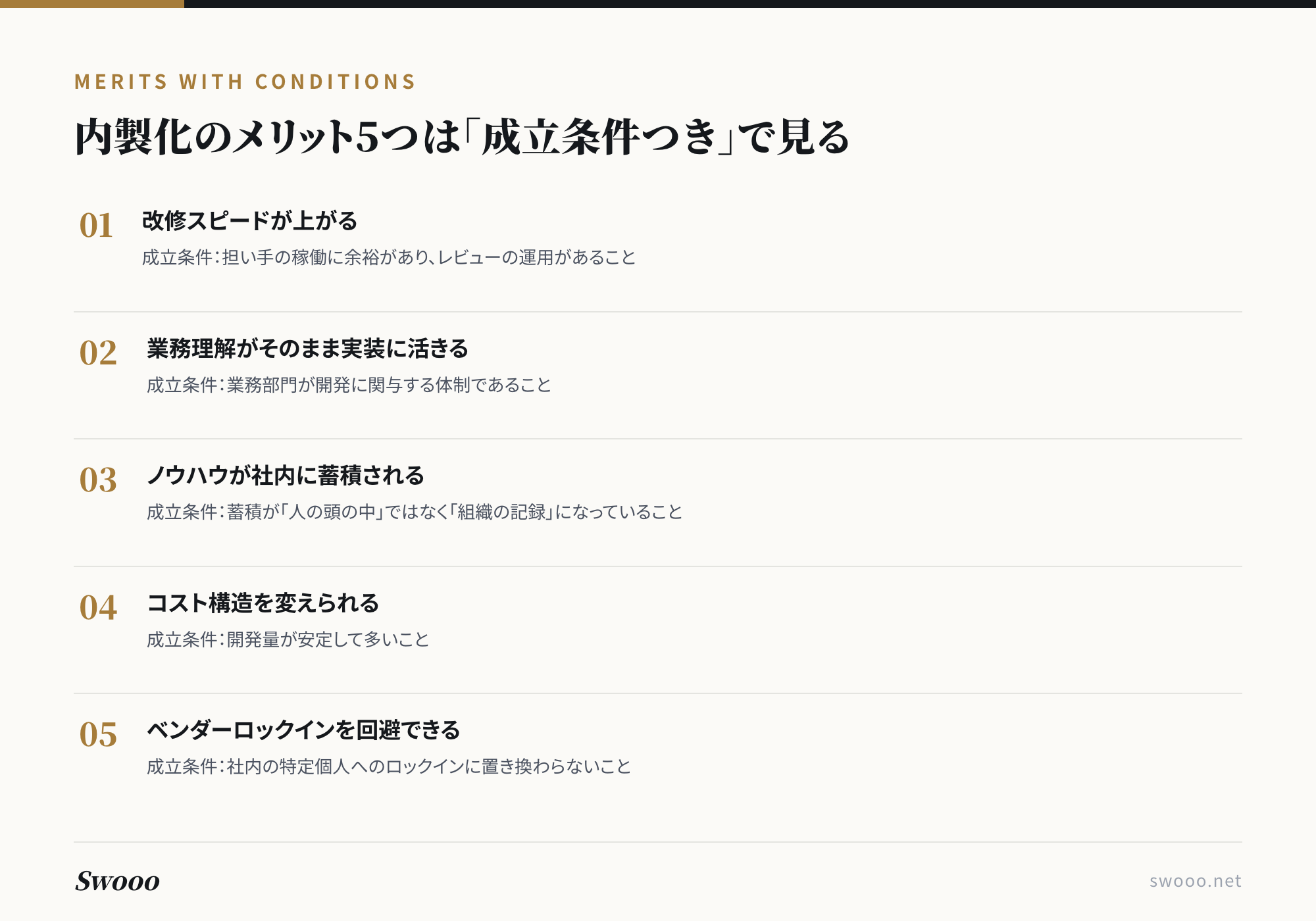 図解：内製化のメリット5つと成立条件。改修スピード・業務理解・ノウハウ蓄積・コスト構造・ロックイン回避