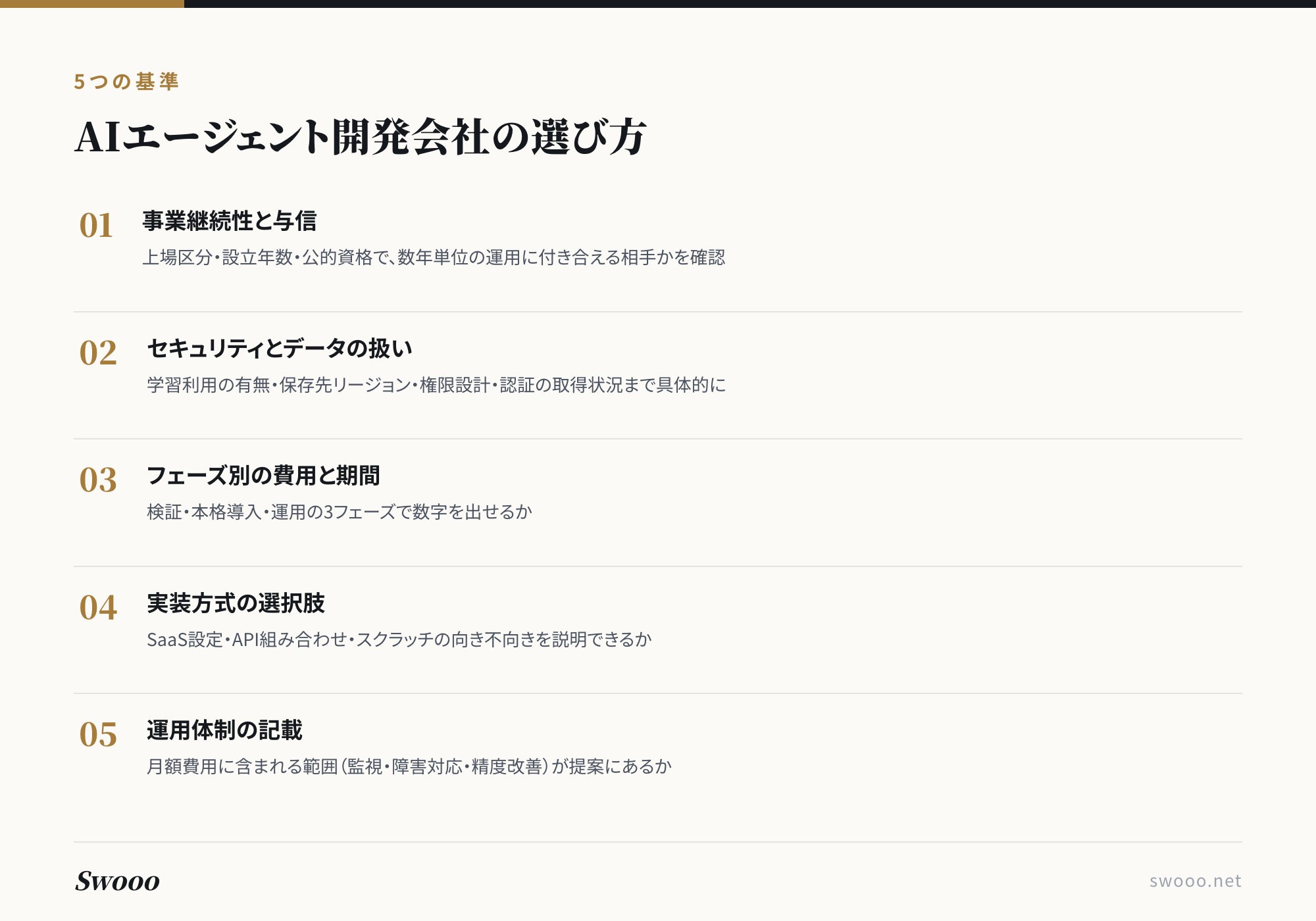 図解:AIエージェント開発会社の選び方 5つの基準