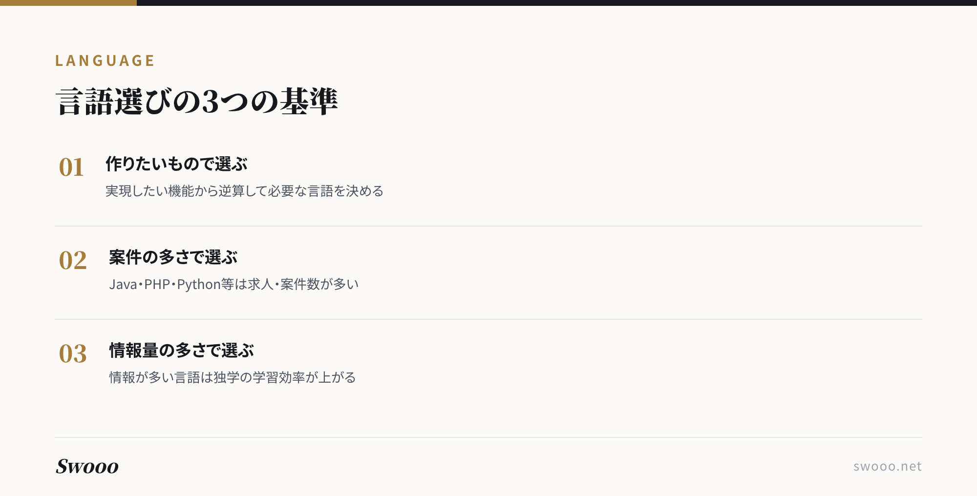 図解: プログラミング言語選びの3つの基準(作りたいもの・案件の多さ・情報量の多さ)