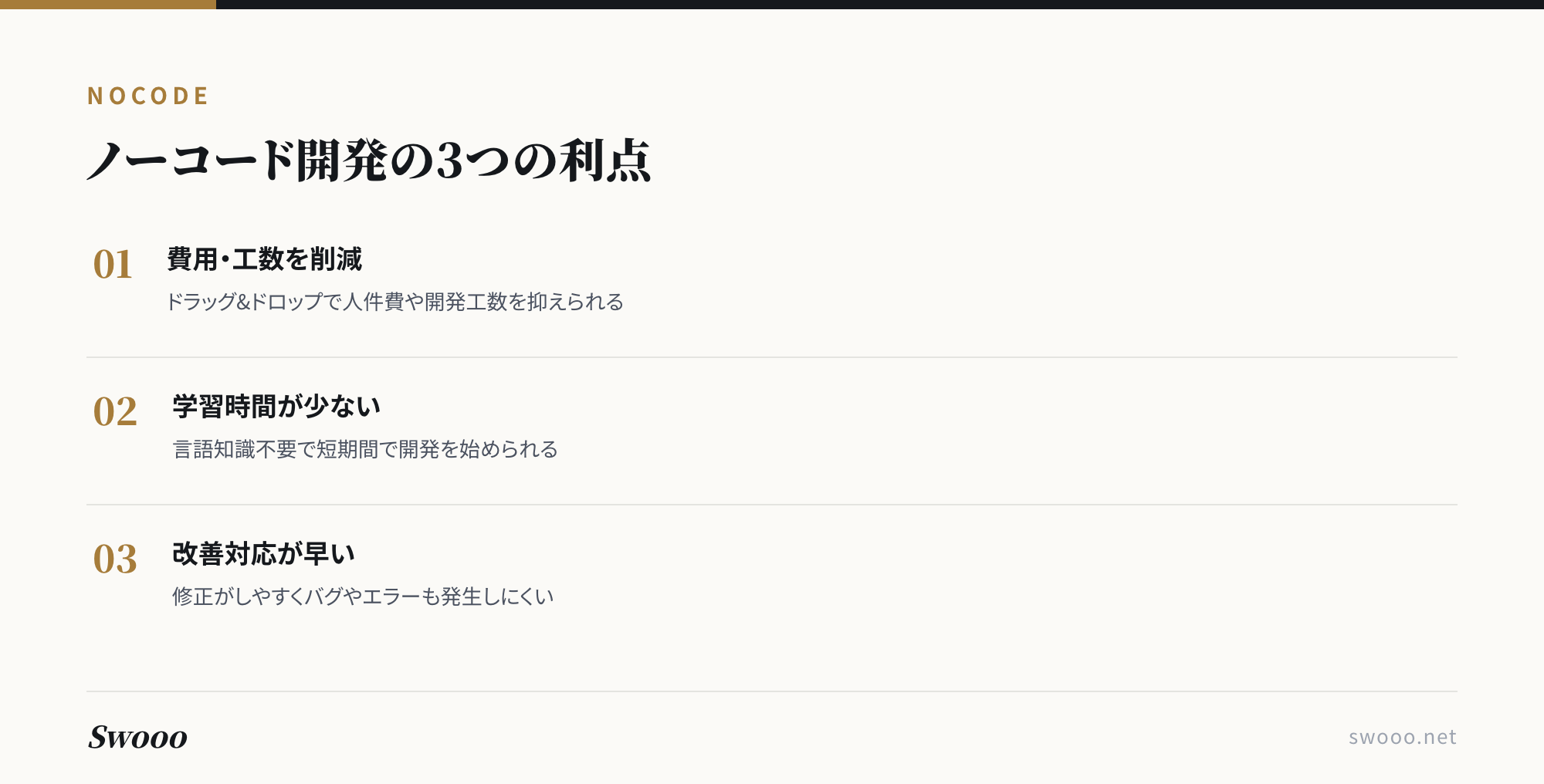 図解: ノーコード開発の3つの利点(費用・工数削減、学習時間の少なさ、改善対応の早さ)