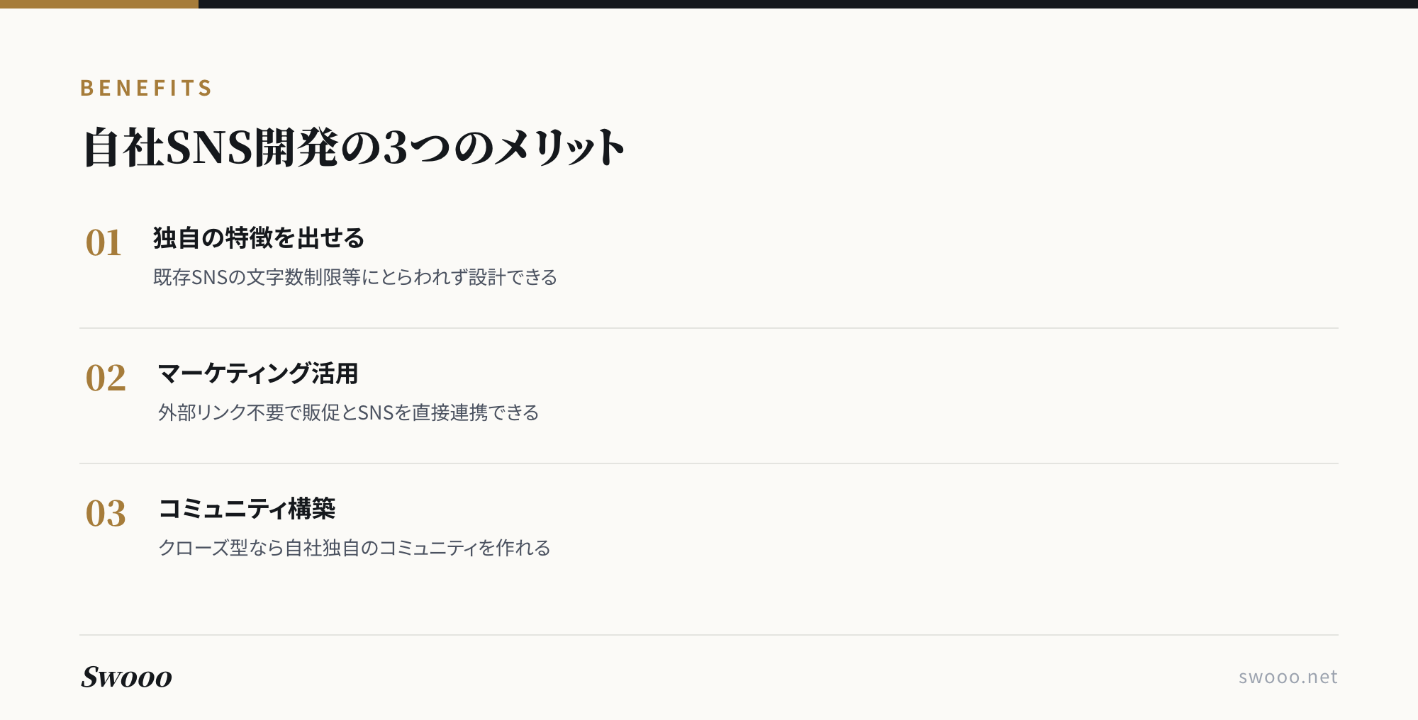 図解: 自社SNSアプリを開発する3つのメリット(独自性・マーケティング活用・コミュニティ構築)