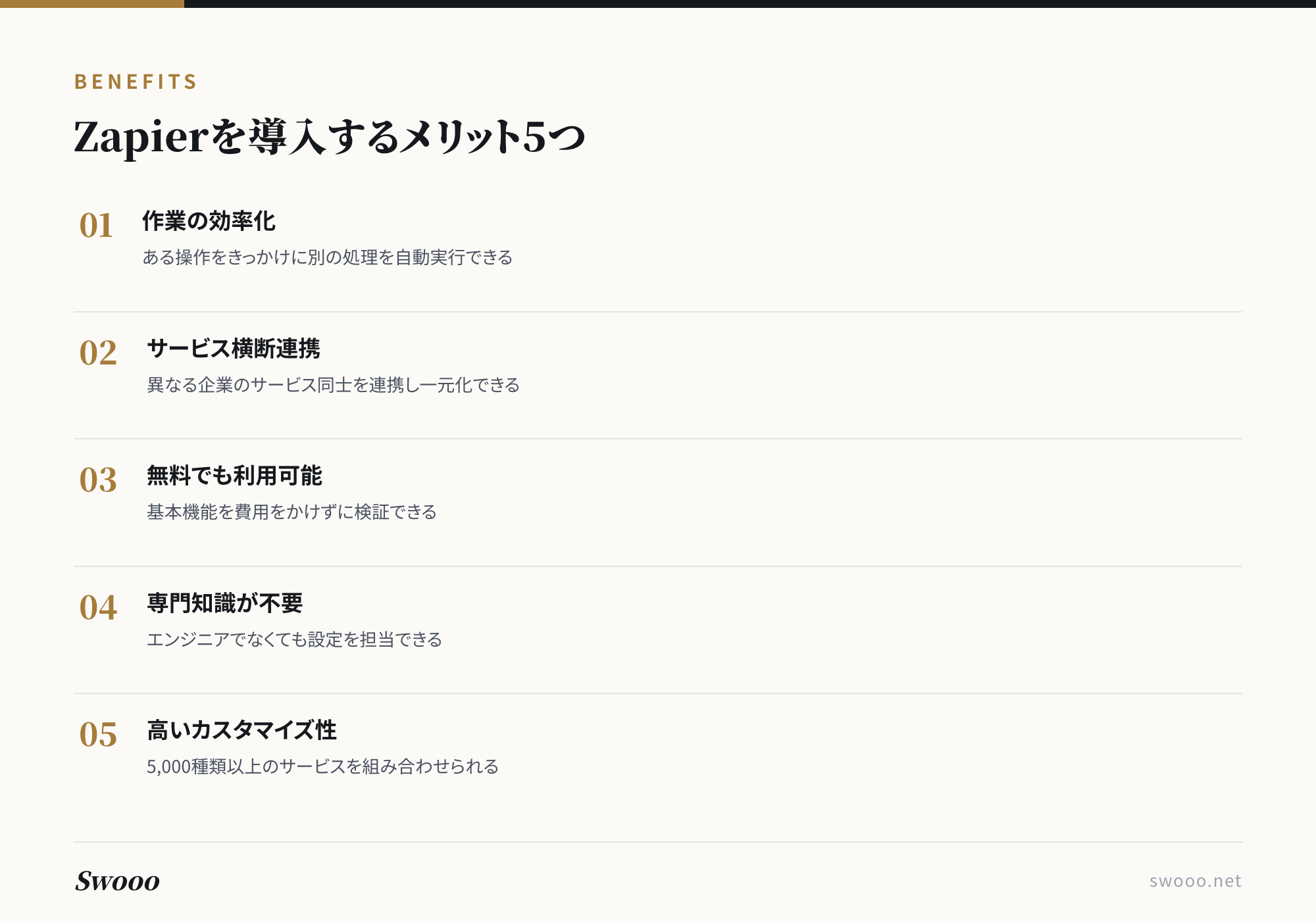 Zapier導入の5つのメリットを示す図